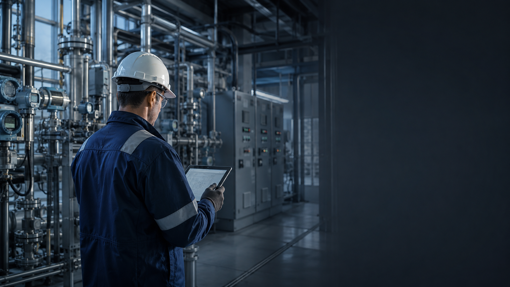 Planta industrial com instrumentação e profissional em campo